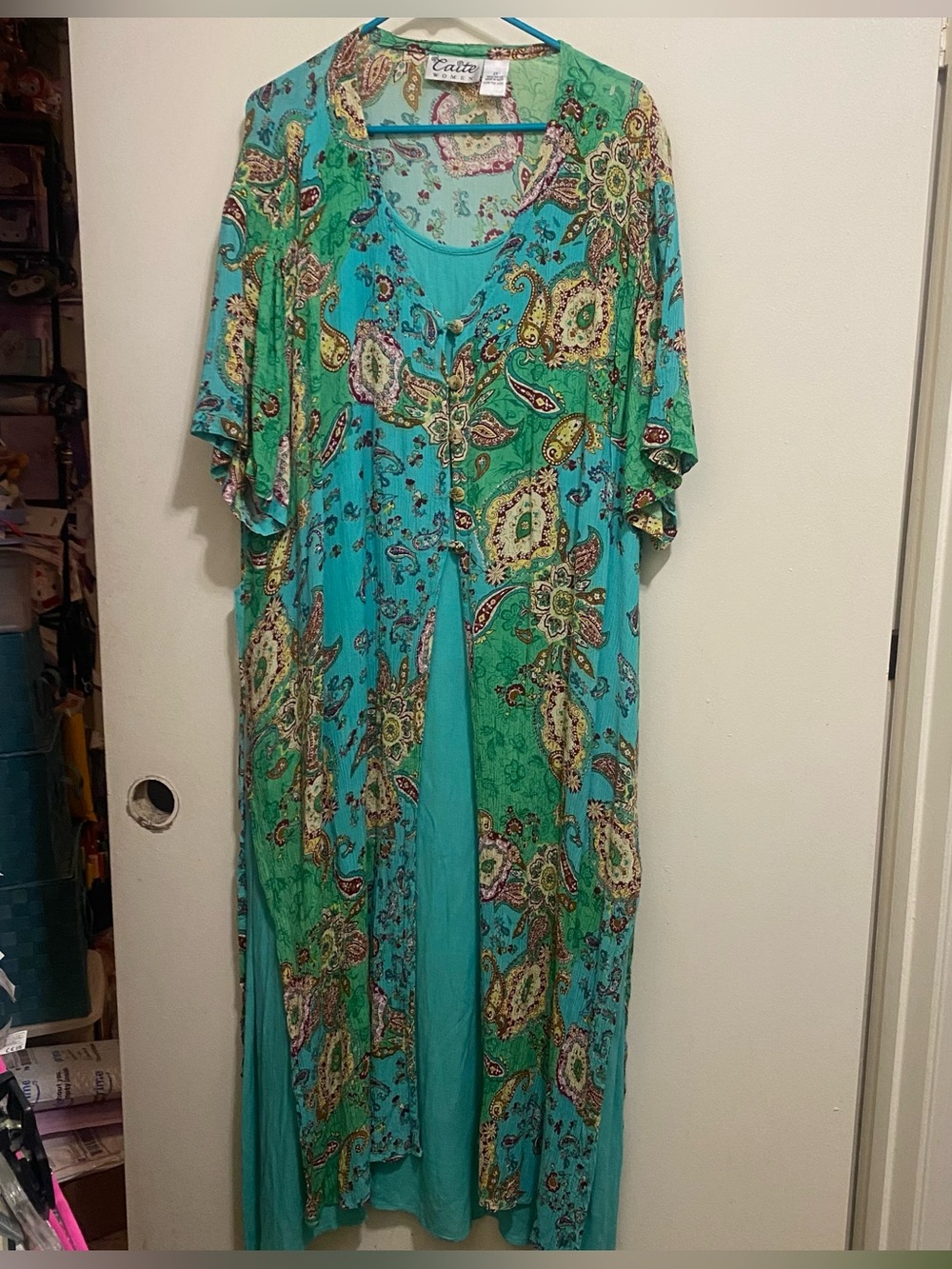 Vtg Caite Womens 2X 2XL Muumuu Maxi Dress Duster Robe Blue Green Boho Paisley